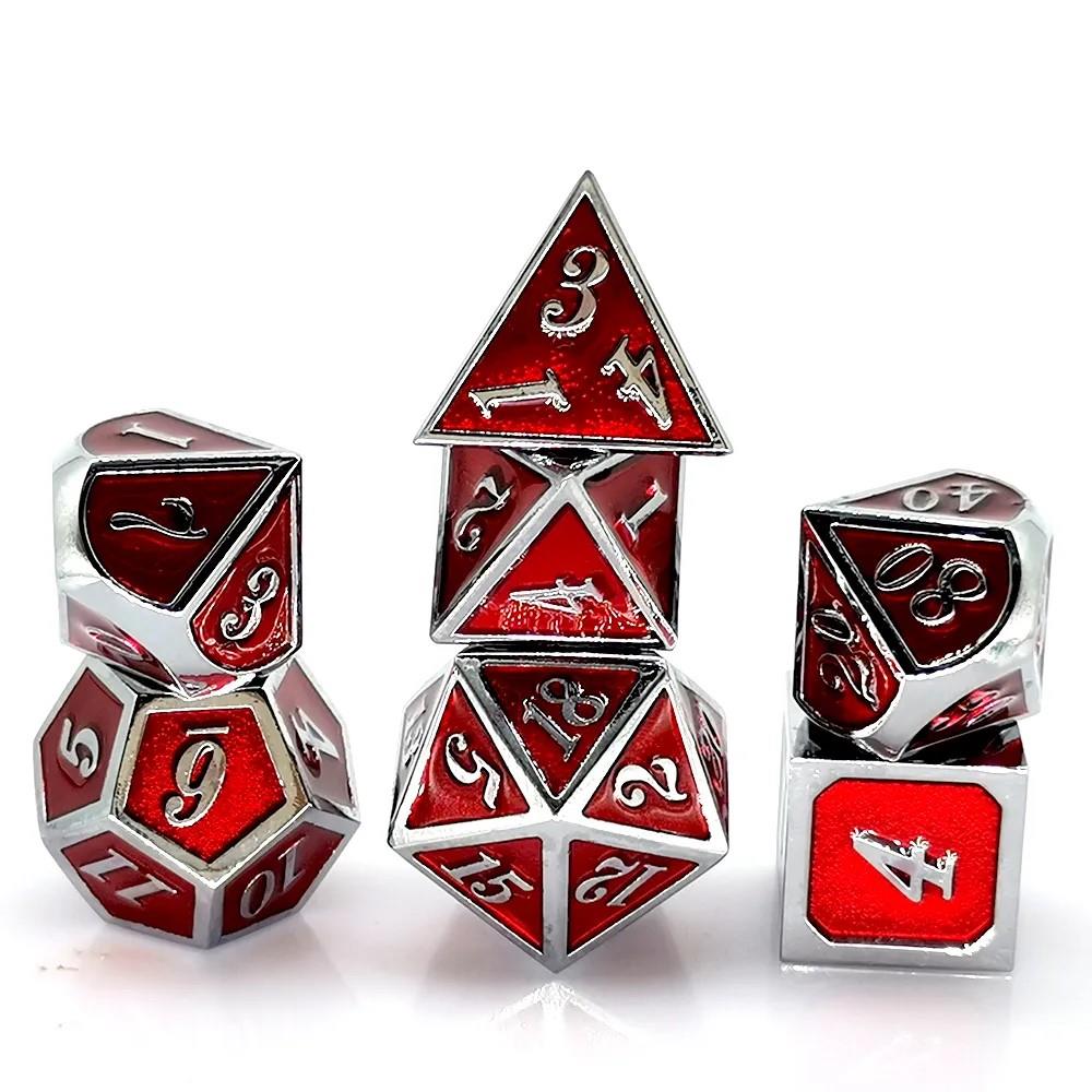 Red Enamel in Silver Metal - 7pcs RPG Dice Set