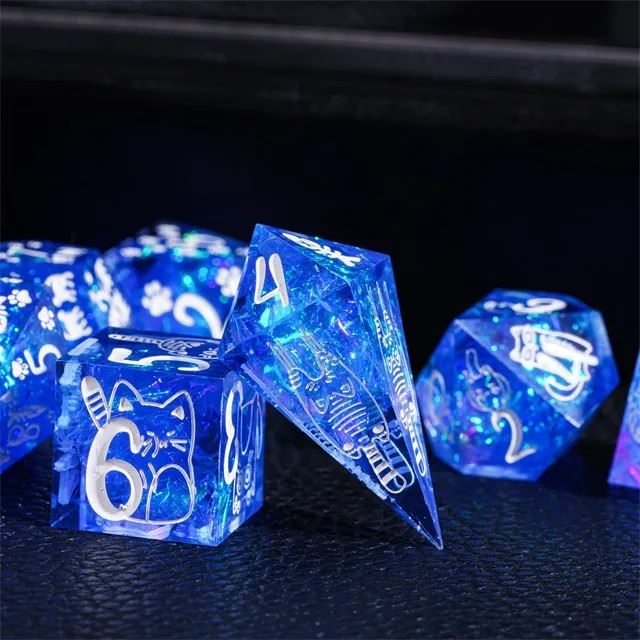 Cats on Blue with Candy Sharp Resin - 7pcs RPG Dice Set