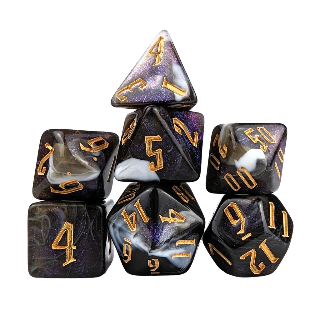 Glitter in White & Black Acrylic - 7pcs RPG Full Dice Set