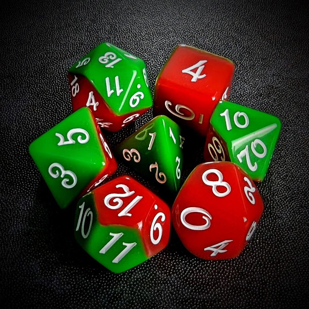 Blend of Red & Green Acrylic - 7pcs RPG Full Dice Set