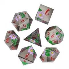 Pink Lotus Flower in Silver Metal - 7pcs RPG Dice Set