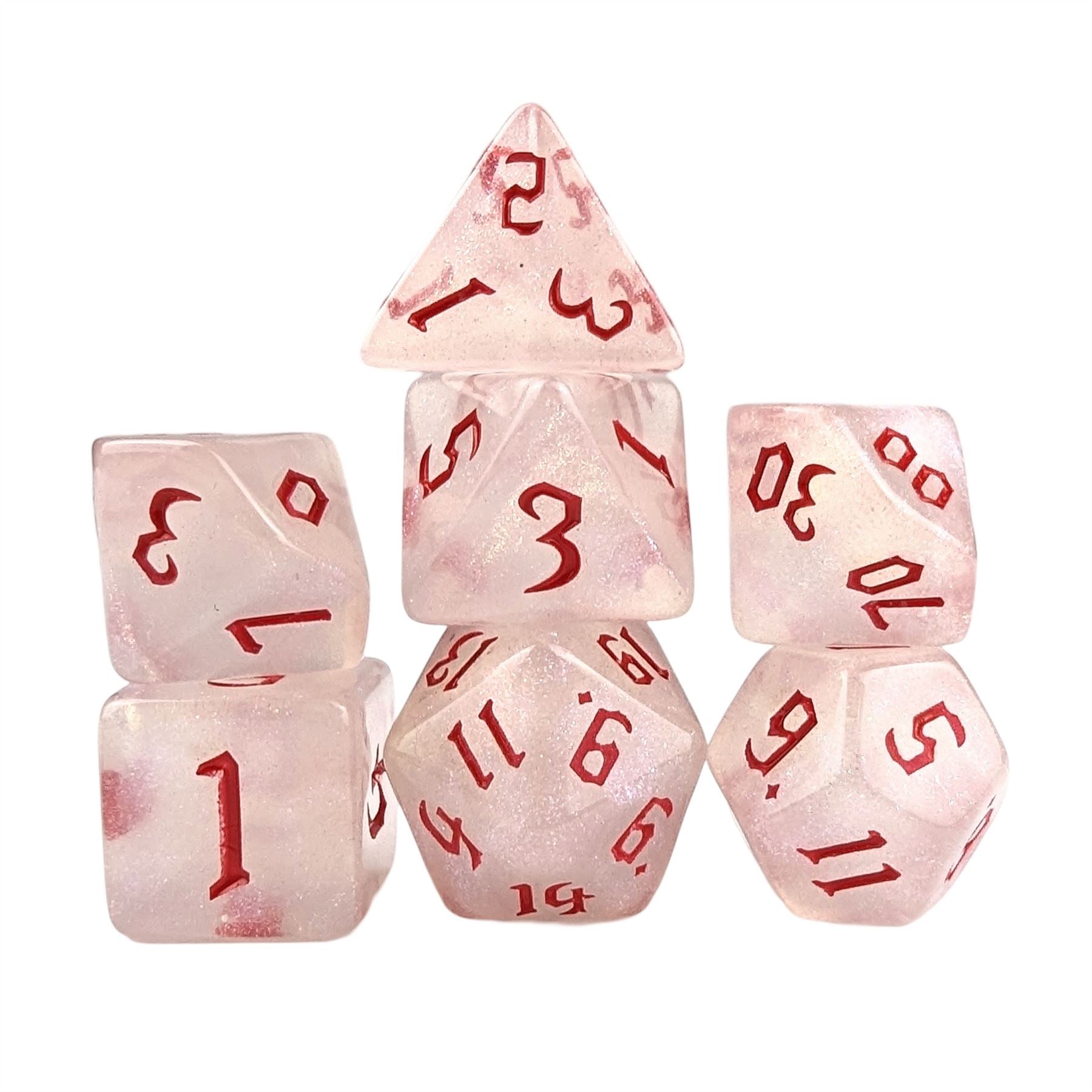 Glitter in White Acrylic with Red Font - 7pcs RPG Full Dice Set