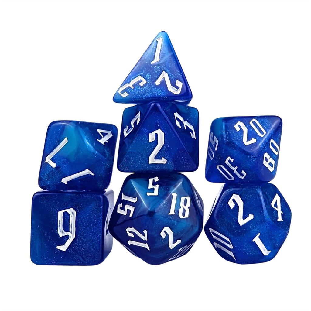 Glitter in Blue & White Acrylic - 7pcs RPG Full Dice Set