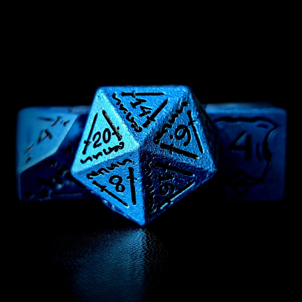 7pcs RPG Full Dice Set - Black Pattern on Blue Resin
