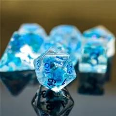 Blue Flowers in Clear Resin - 7pcs RPG Full Dice Set