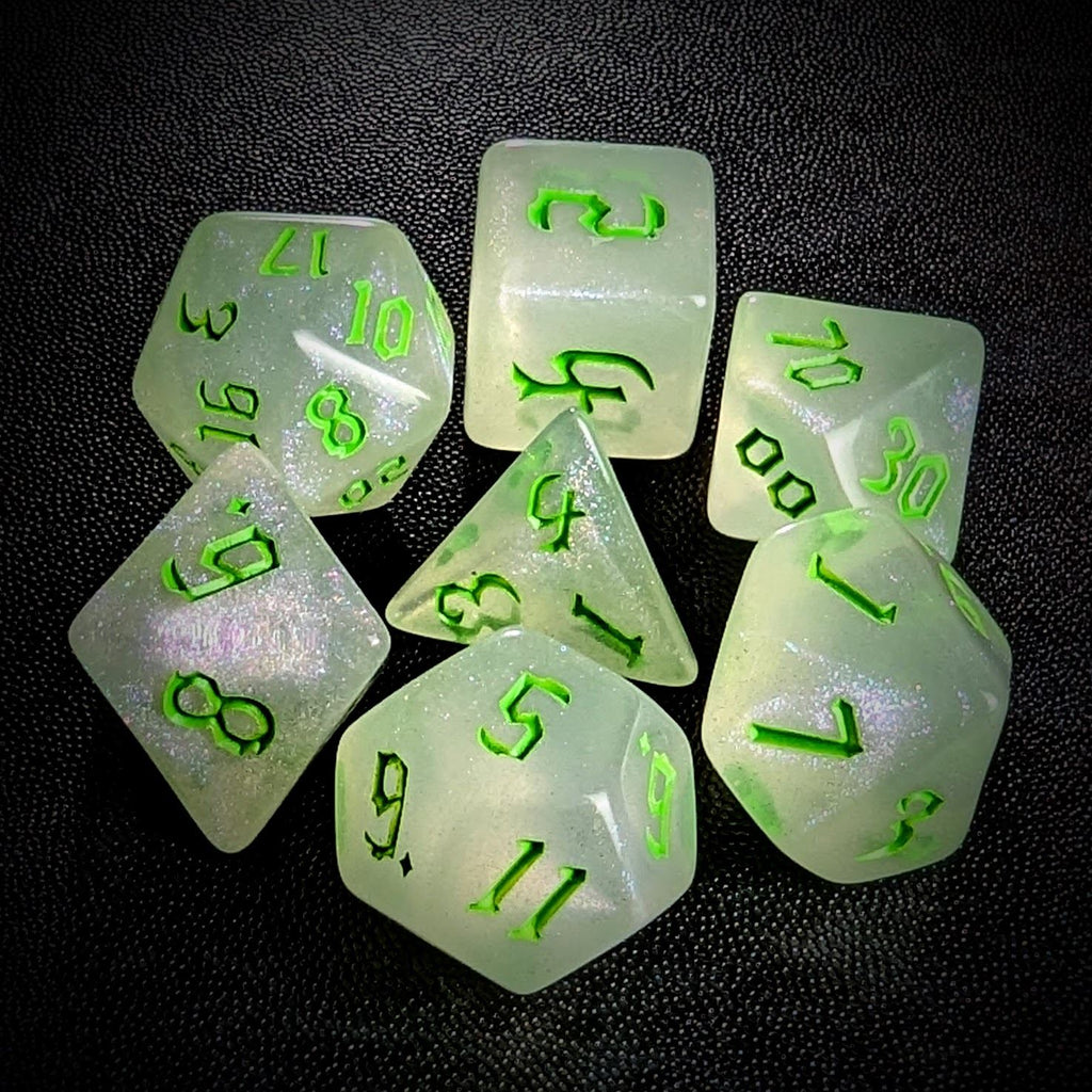 Glitter in White Acrylic with Green Font - 7pcs RPG Full Dice Set