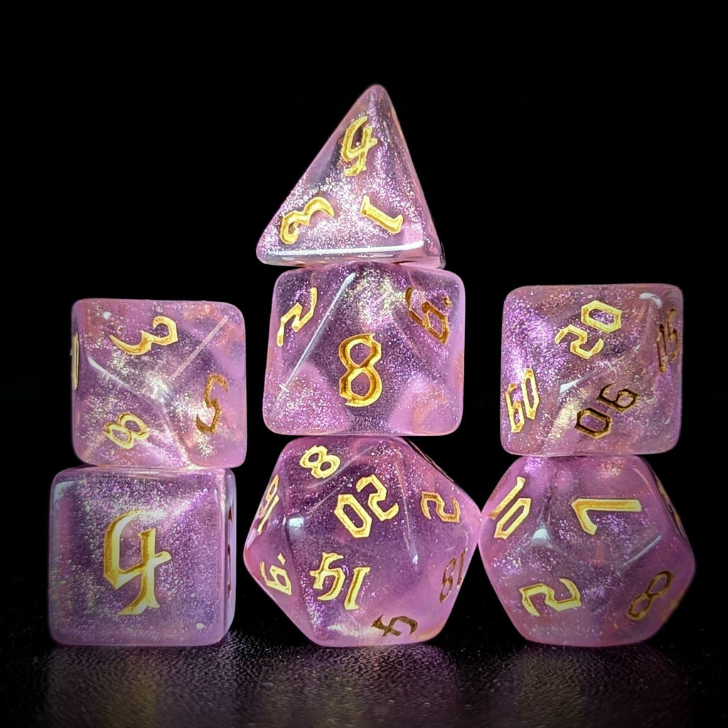 Glitter in Clear Pink Acrylic - 7pcs RPG Full Dice Set