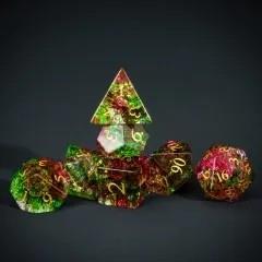 7pcs Dice Gem Glass Gold Font Cracked Pink Green (UD)