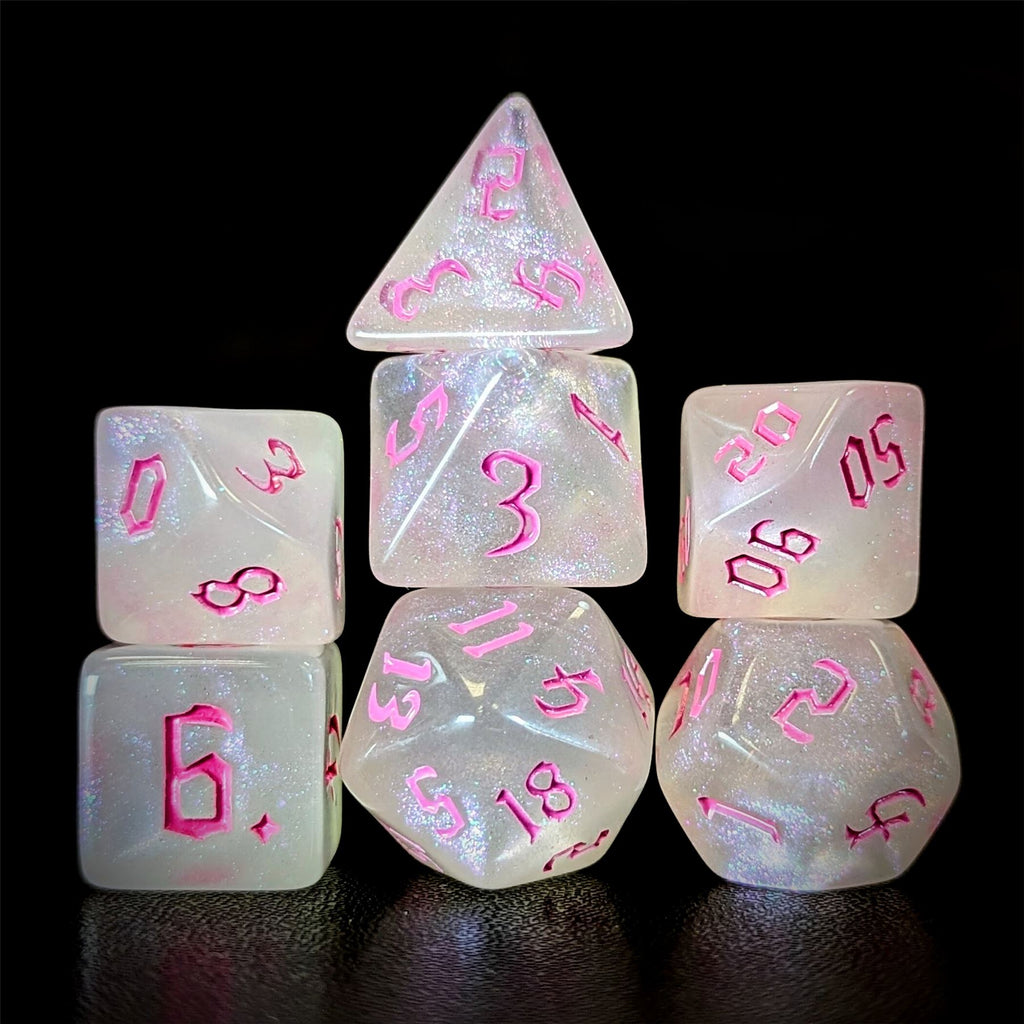 Glitter in White Acrylic with Pink Font - 7pcs RPG Full Dice Set
