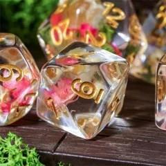 Pink Flowers in Clear Resin - 7pcs RPG Full Dice Set