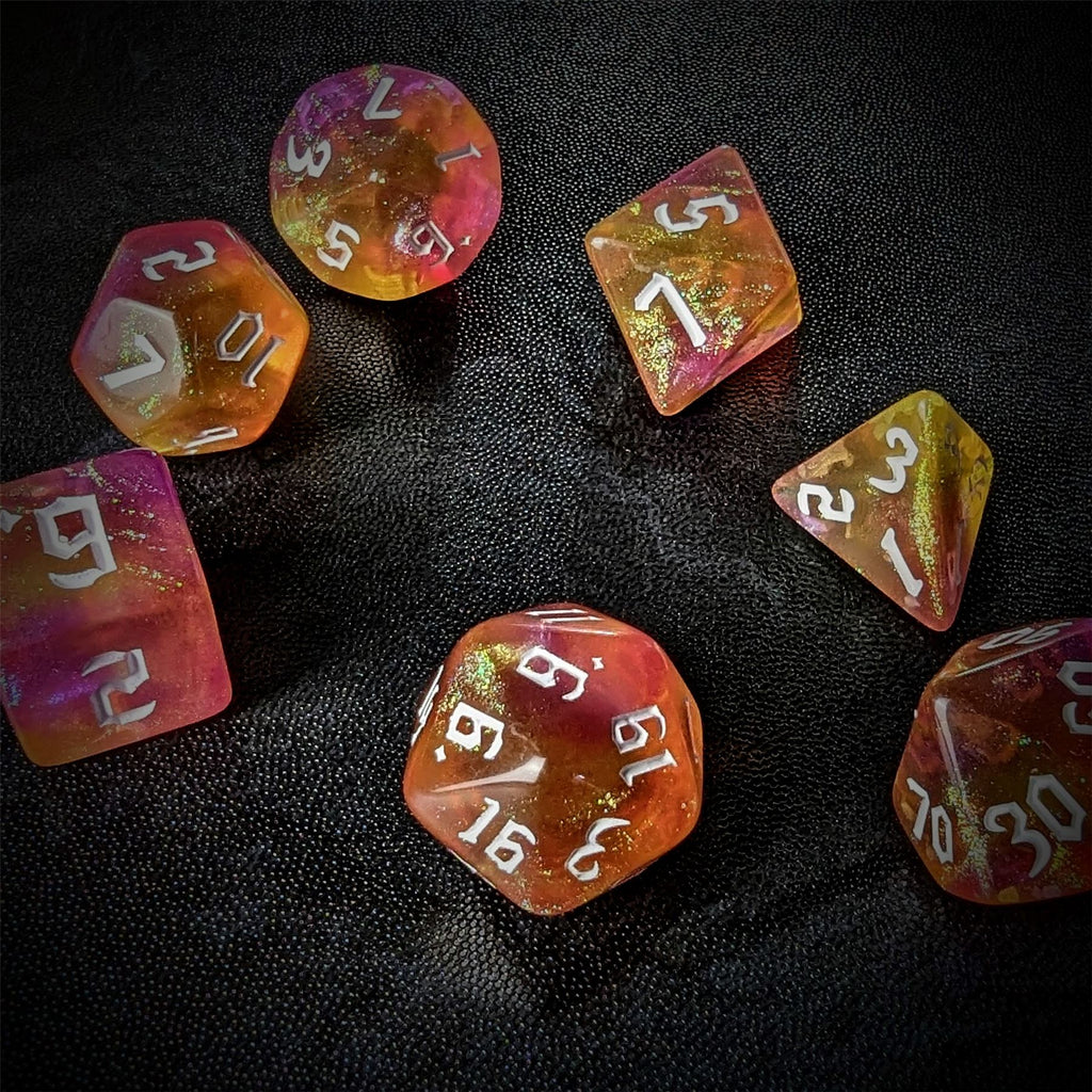 Glitter in Yellow & Pink Acrylic - 7pcs RPG Full Dice Set