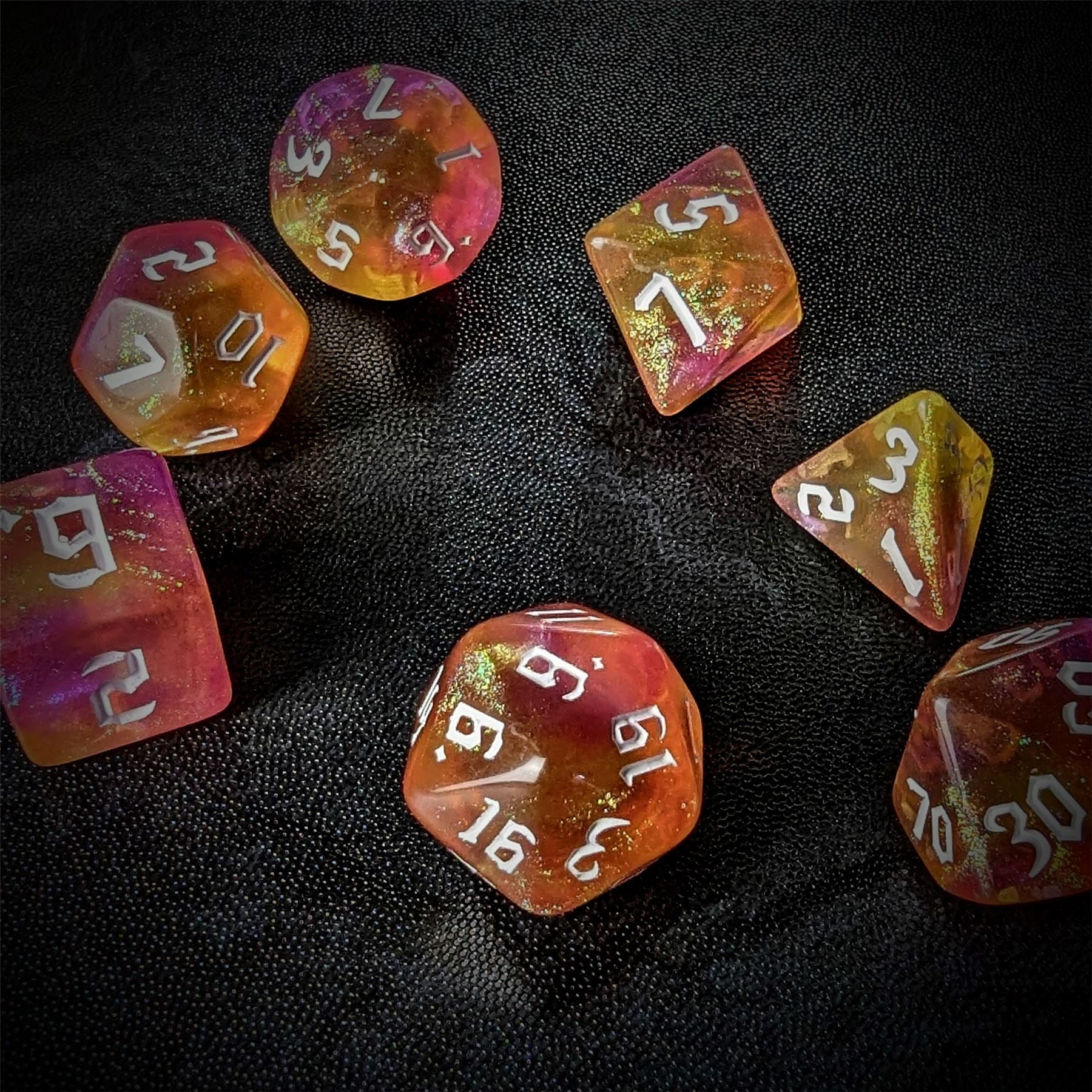 Glitter in Yellow & Pink Acrylic - 7pcs RPG Full Dice Set