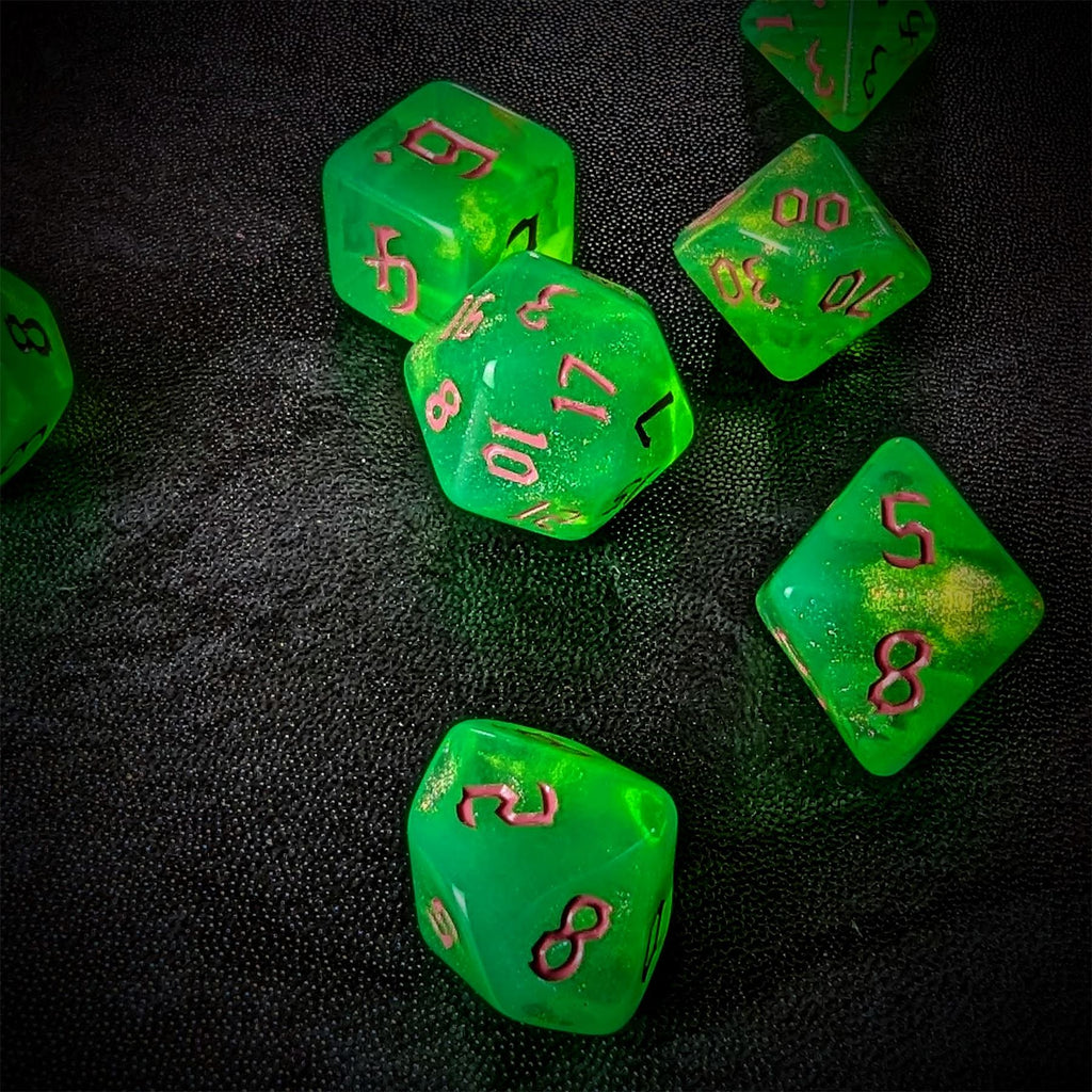 Glitter in Green Acrylic - 7pcs RPG Full Dice Set