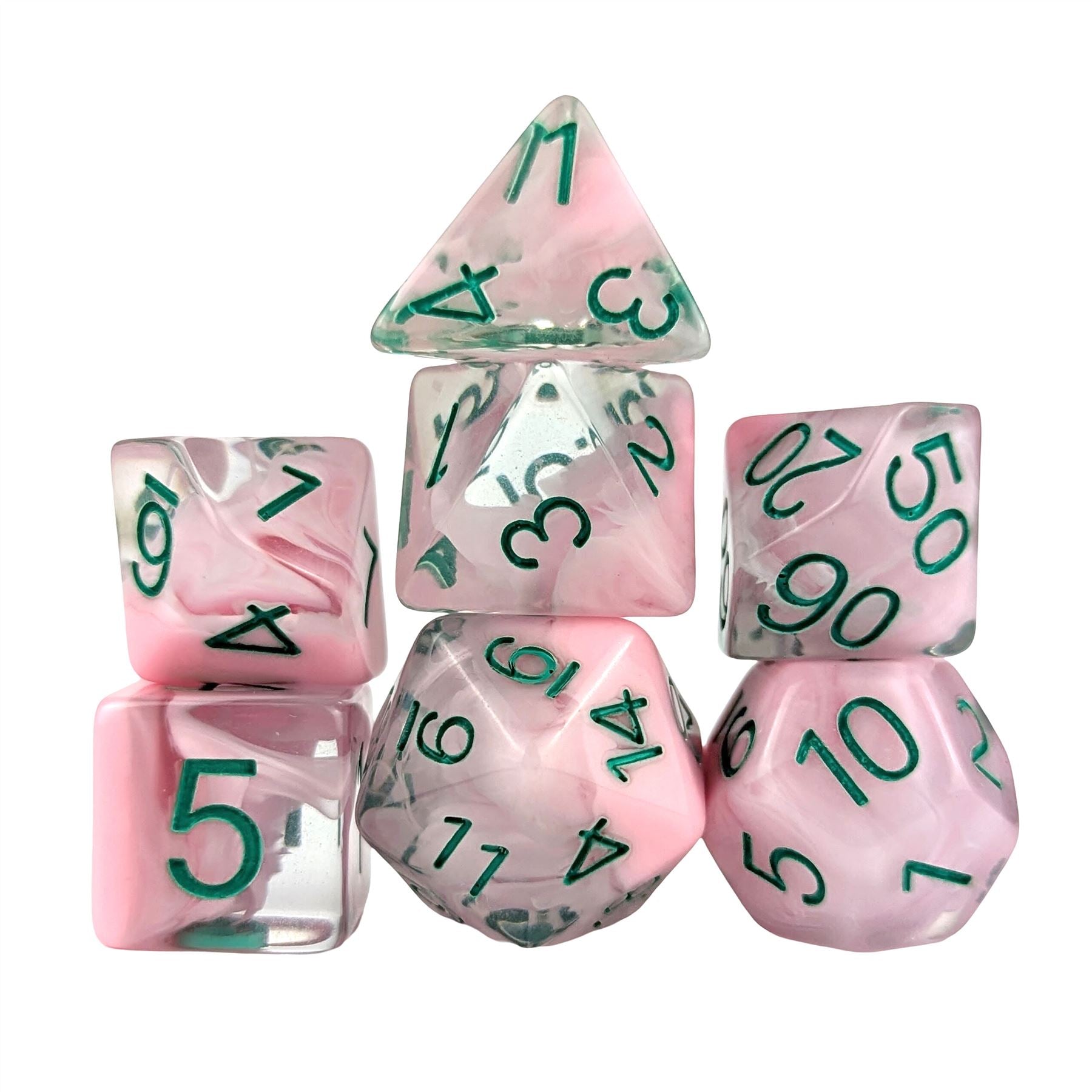 Pink Swirl in Clear Resin - 7pcs RPG Full Dice Set