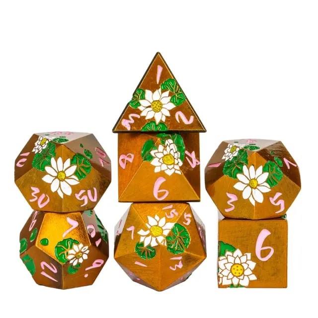 White Lotus Flower in Gold Metal - 7pcs RPG Dice Set