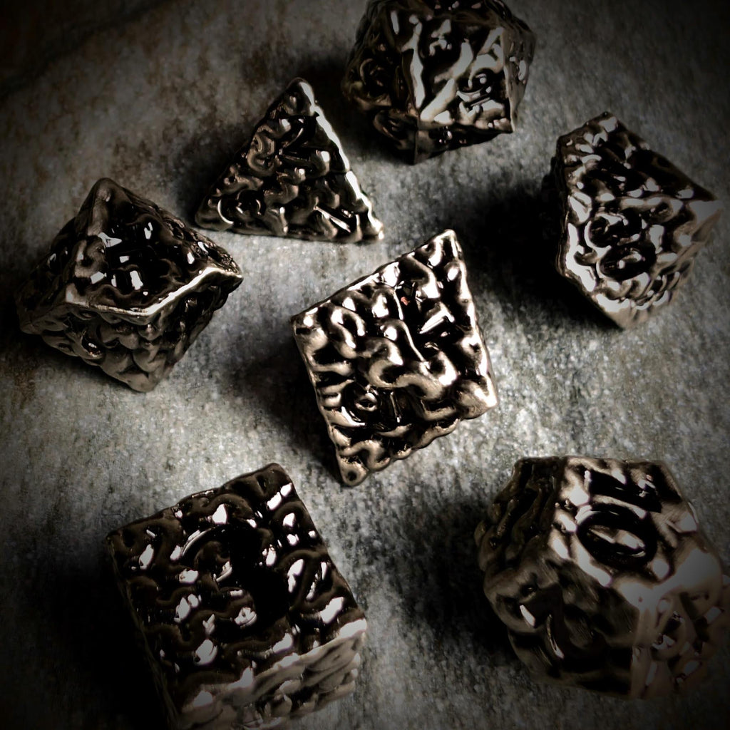 7pcs RPG Dice Set - Black Wash over Silver Metal Brains