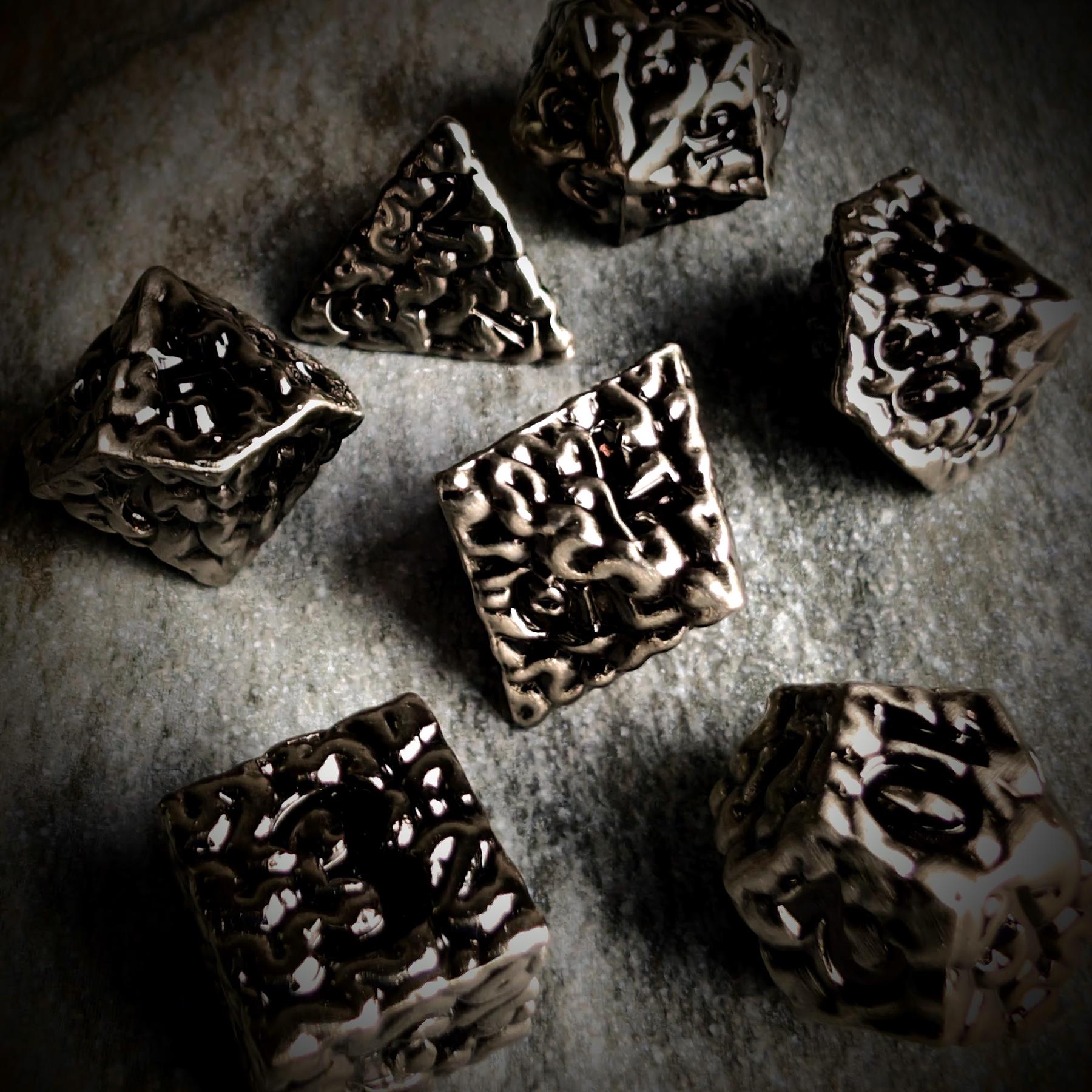 7pcs RPG Dice Set - Black Wash over Silver Metal Brains