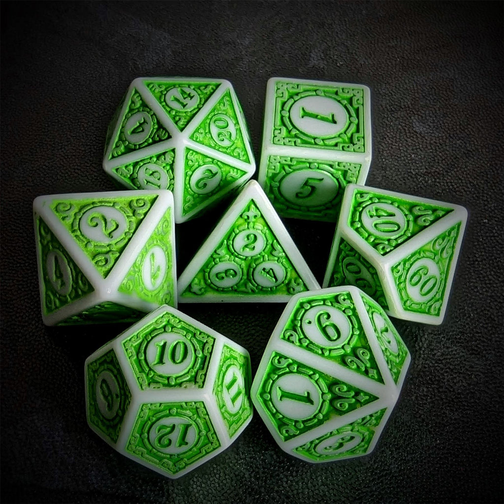 Green Lattice on White Acrylic - 7pcs RPG Full Dice Set