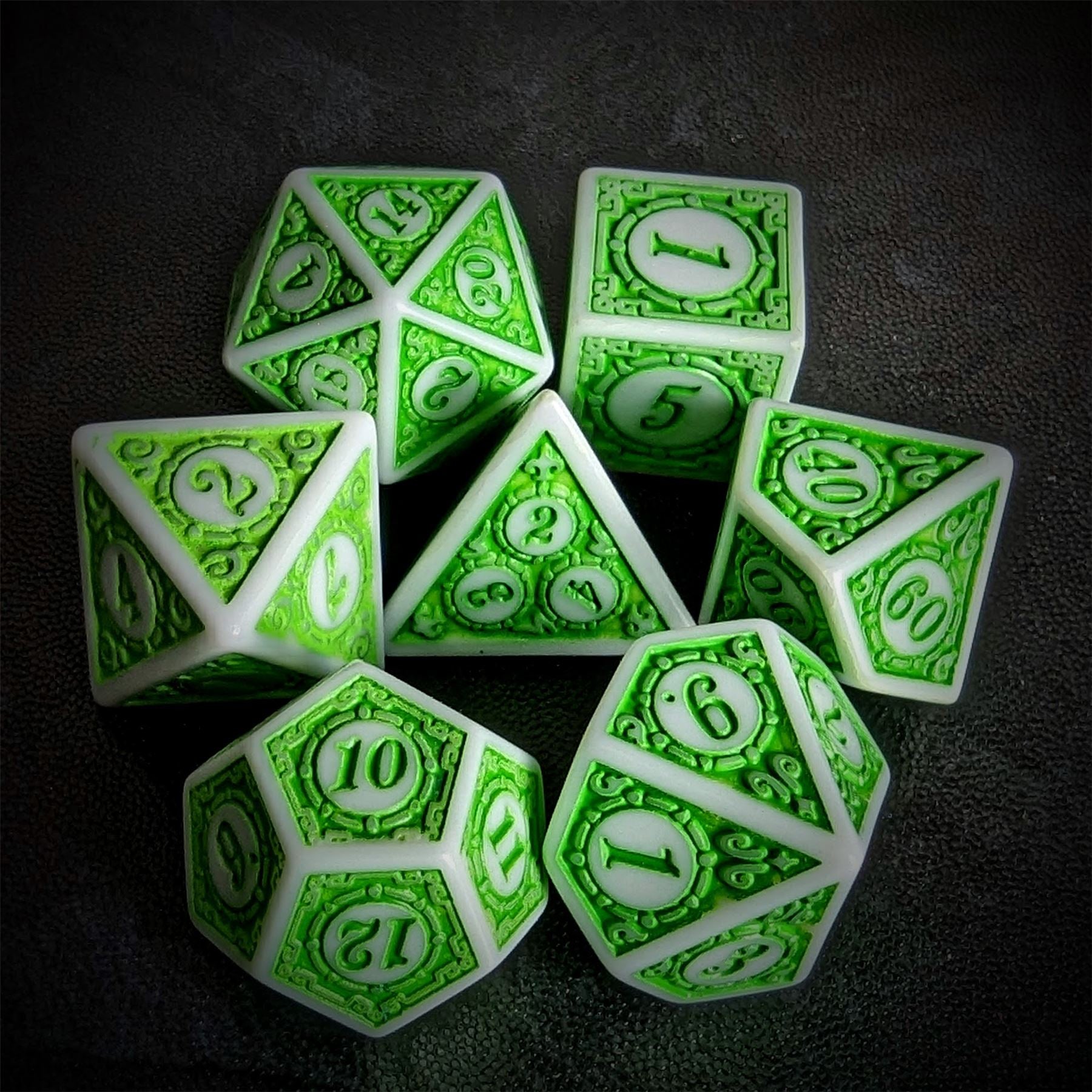 Green Lattice on White Acrylic - 7pcs RPG Full Dice Set