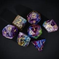 7pcs Dice Gem Glass Gold Font Cracked Blue Purple (UD)