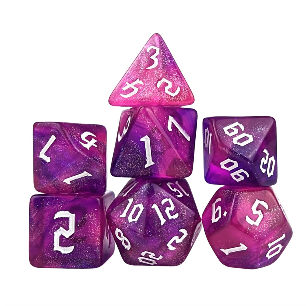 Glitter in Pink & Purple Acrylic - 7pcs RPG Full Dice Set