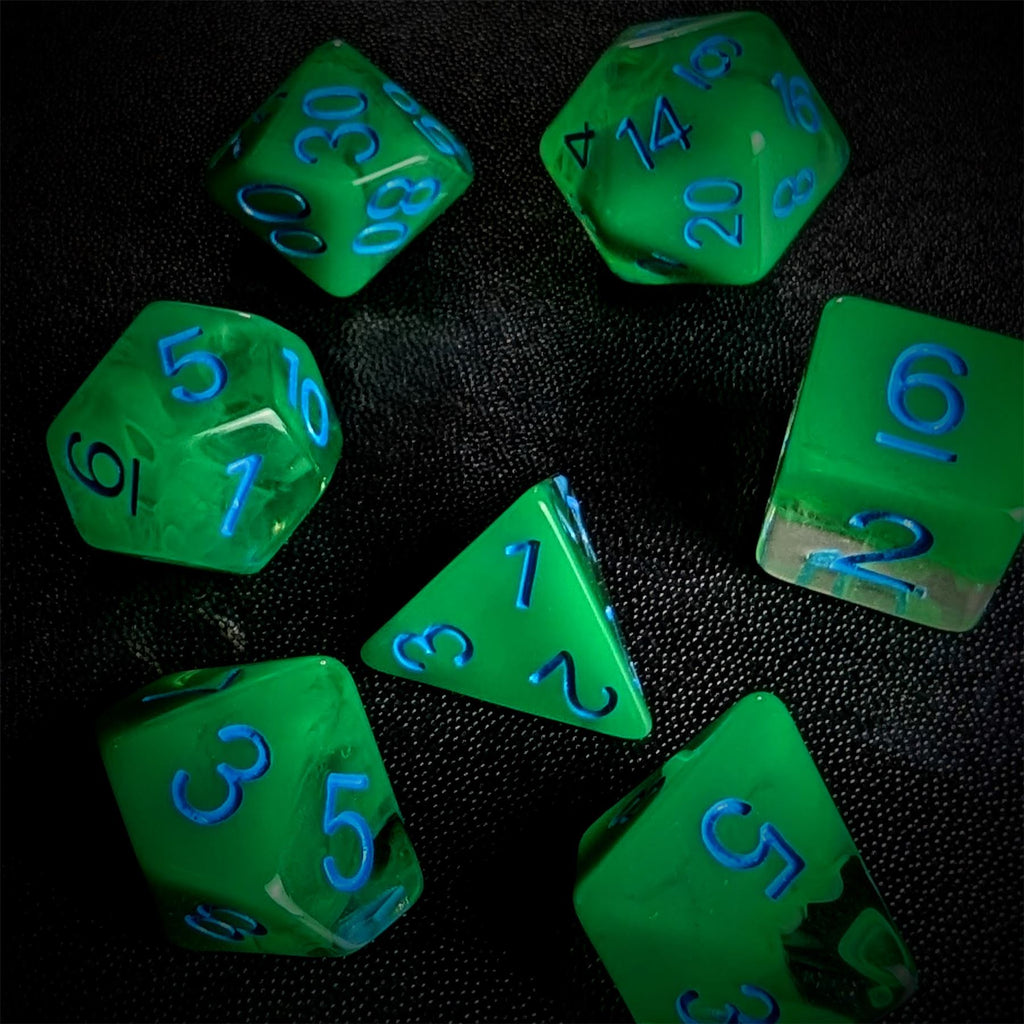 Green Swirl in Clear Resin - 7pcs RPG Full Dice Set