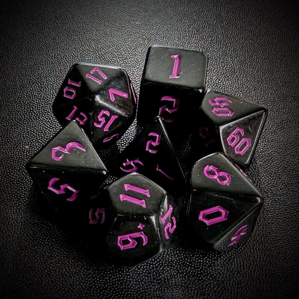 Magenta on Solid Black Acrylic - 7pcs RPG Full Dice Set