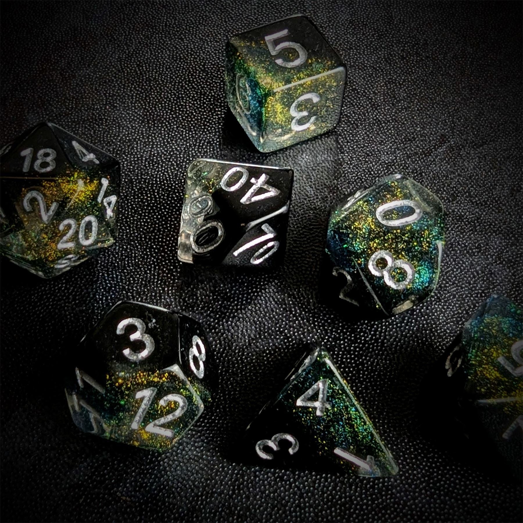 Layered Black & Clear with Shimmer Resin - 7pcs RPG Full Dice Set