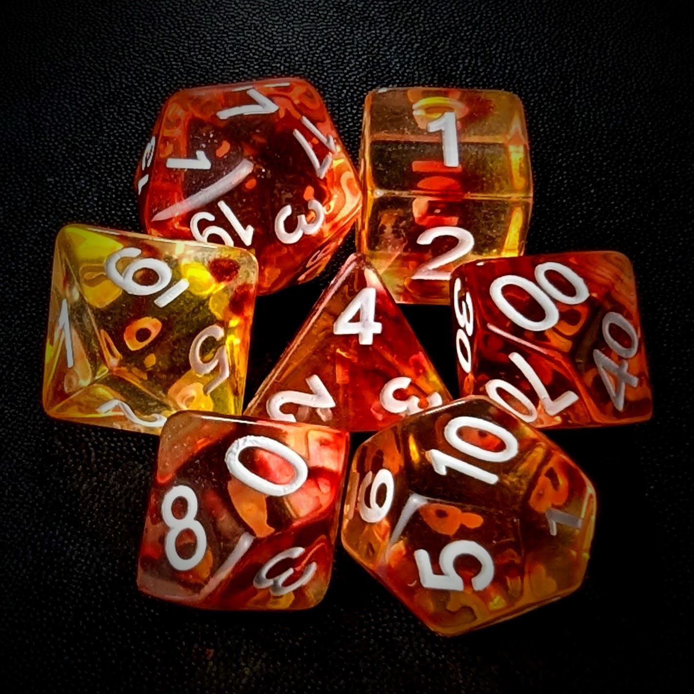 Red & Yellow Swirl in Clear Resin - 7pcs RPG Full Dice Set