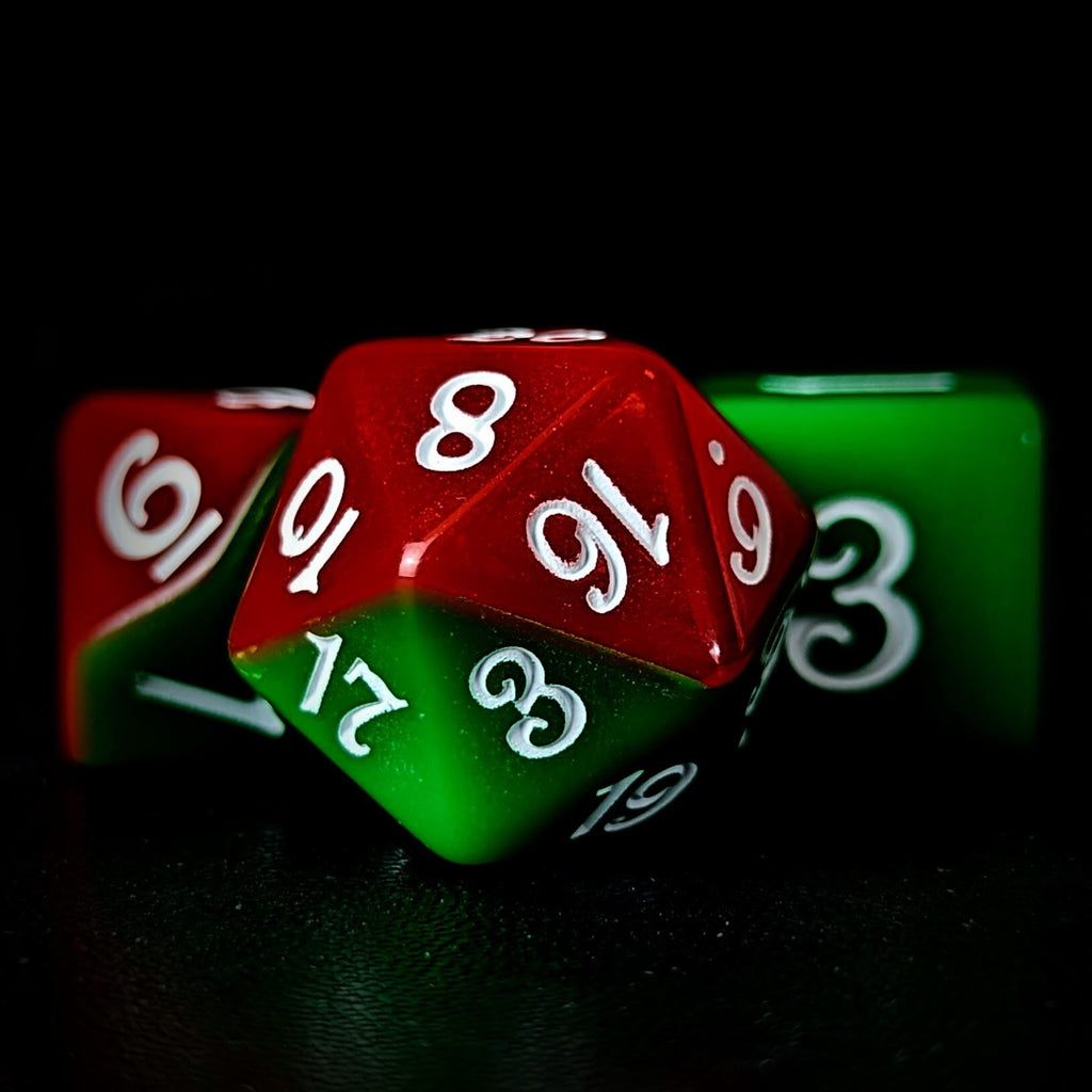 Blend of Red & Green Acrylic - 7pcs RPG Full Dice Set