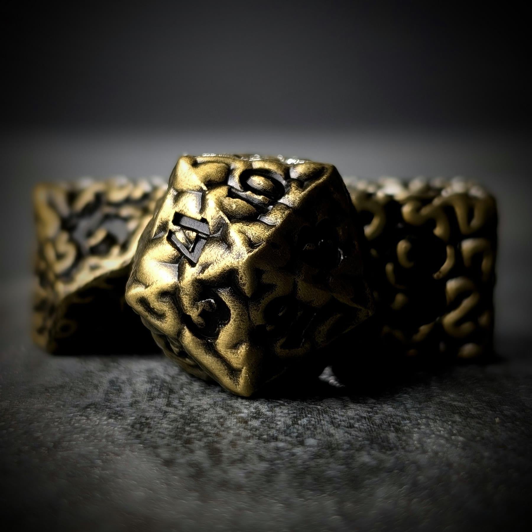 7pcs RPG Dice Set - Black Wash over Bronze Metal Brains