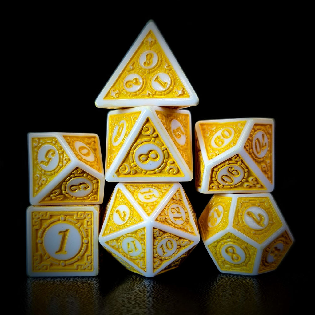 Yellow Lattice on White Acrylic - 7pcs RPG Full Dice Set