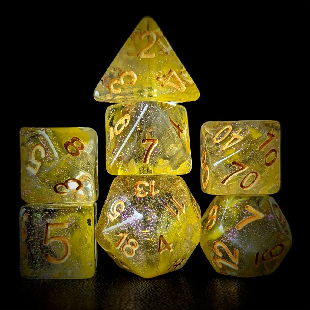 Yellow & Grey Swirl in Clear Resin - 7pcs RPG Full Dice Set