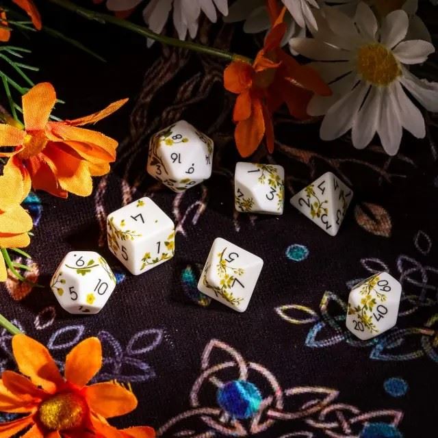 Handmande Yellow Flowers on White Resin -  7pcs RPG Dice Set