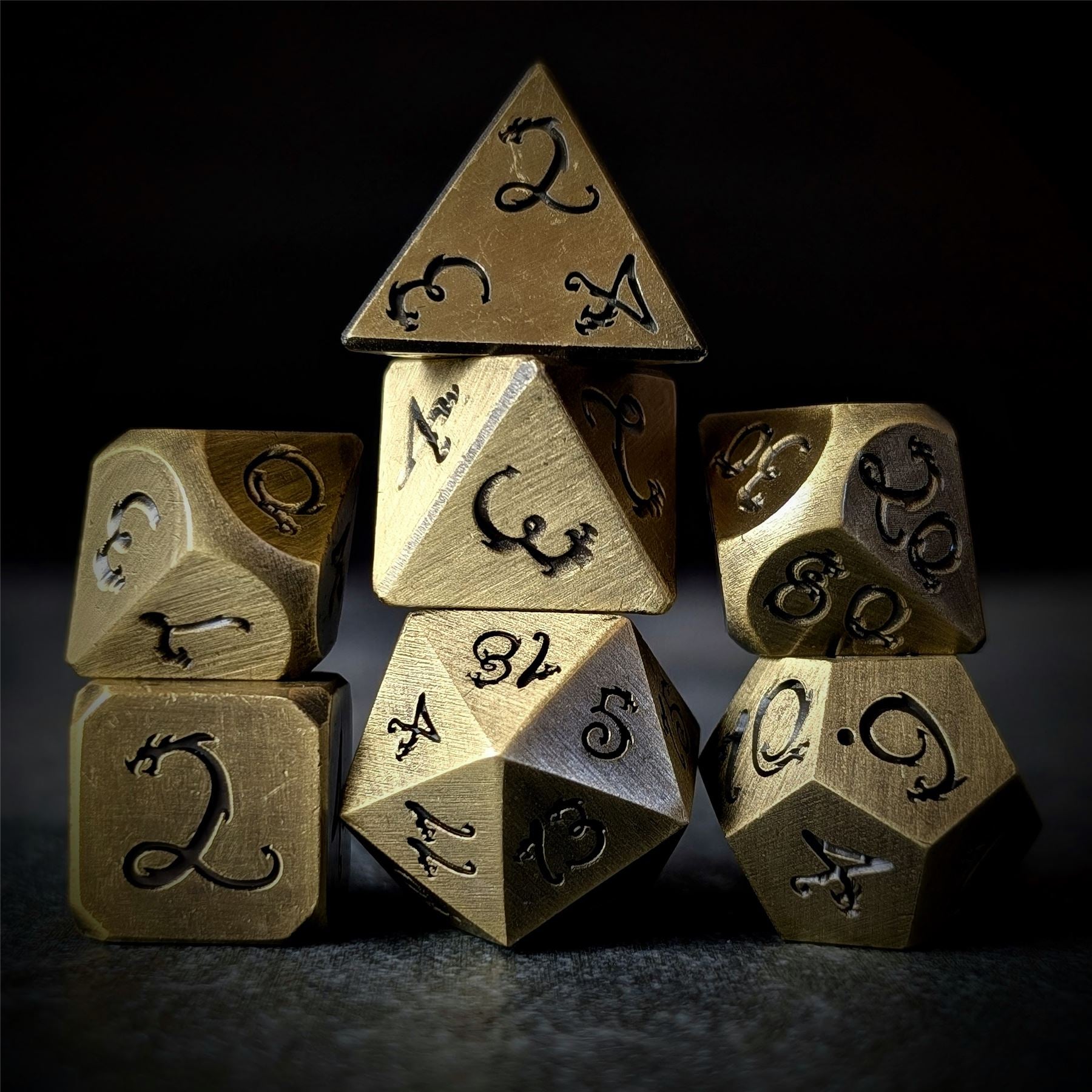 Bronze Metal with Black Dragon Font - 7pcs RPG Dice Set