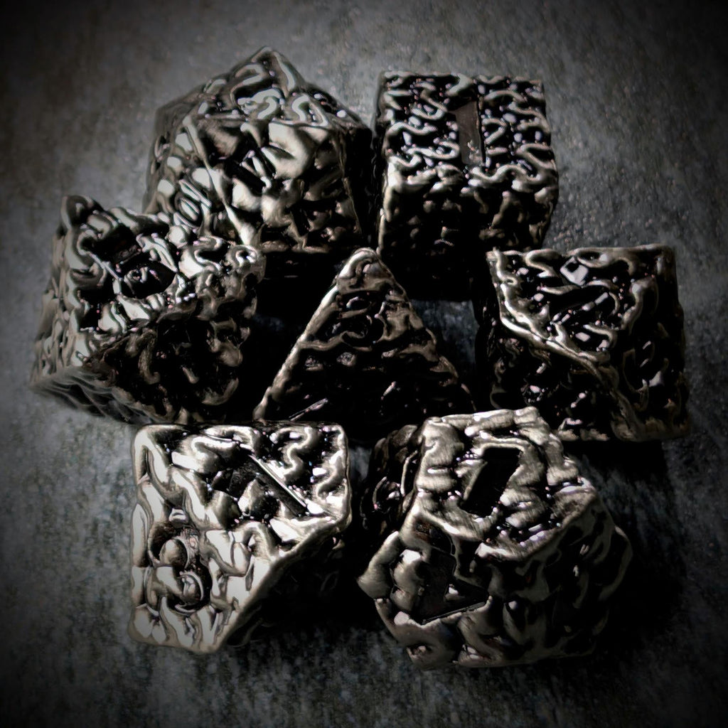 7pcs RPG Dice Set - Black Wash over Silver Metal Brains