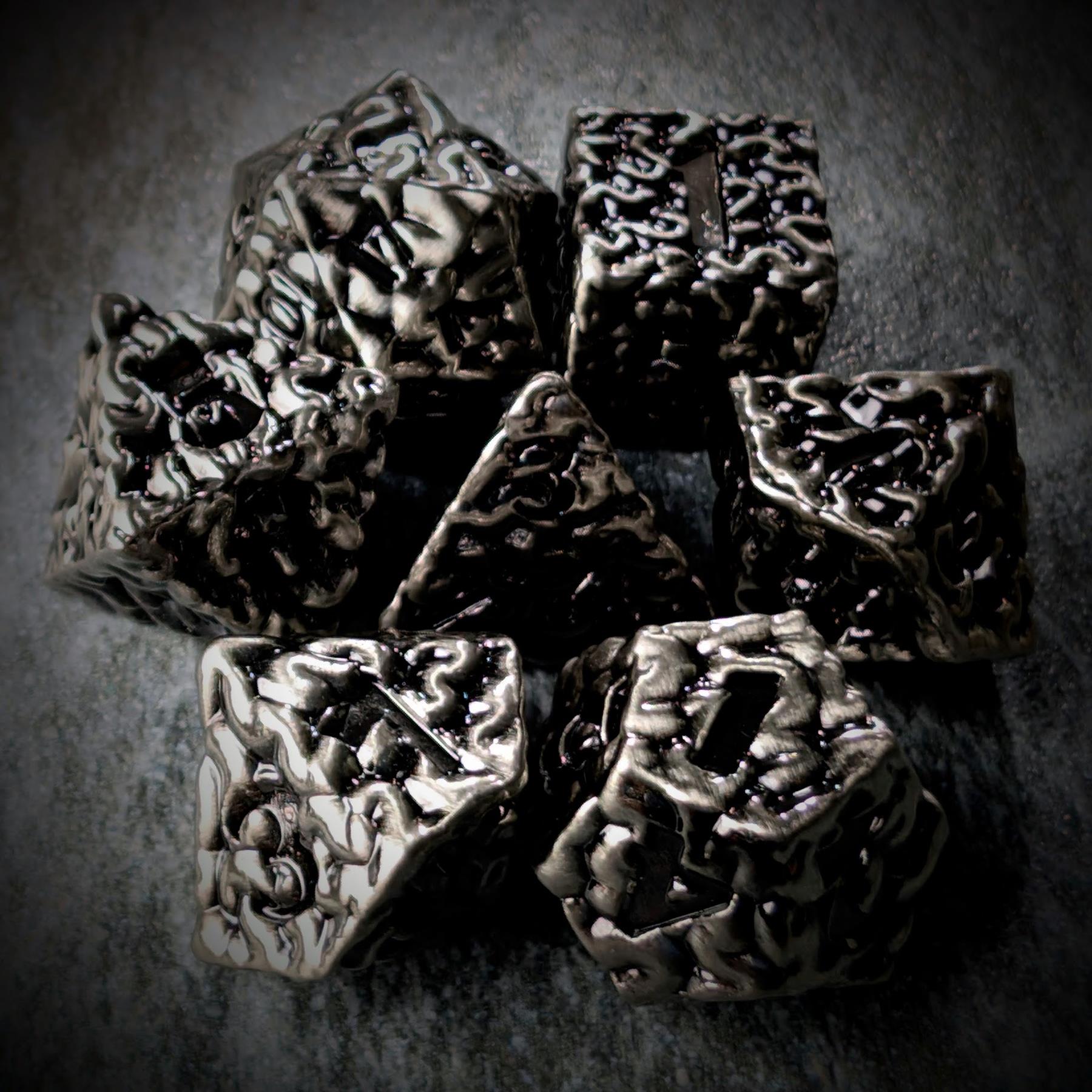 7pcs RPG Dice Set - Black Wash over Silver Metal Brains