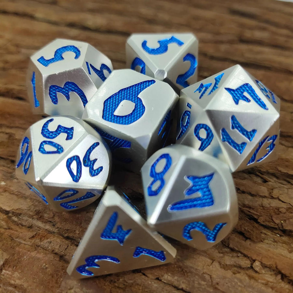 Blue Font in Silver Metal - 7pcs RPG Dice Set