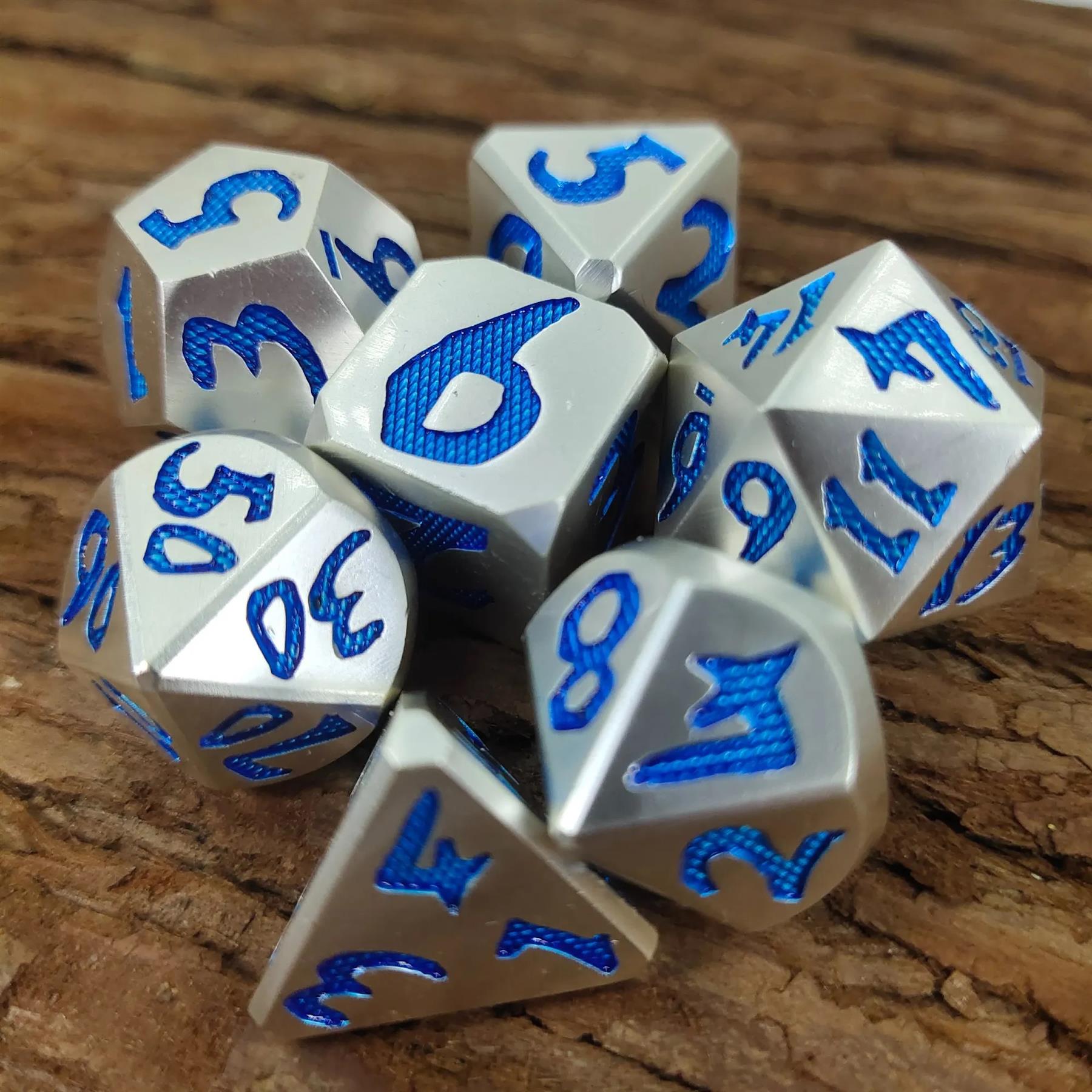 Blue Font in Silver Metal - 7pcs RPG Dice Set