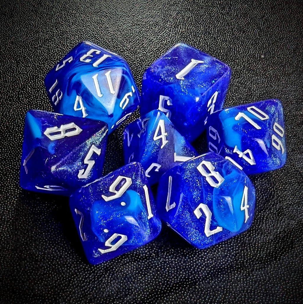 Glitter in Royal Blue & White Acrylic - 7pcs RPG Full Dice Set