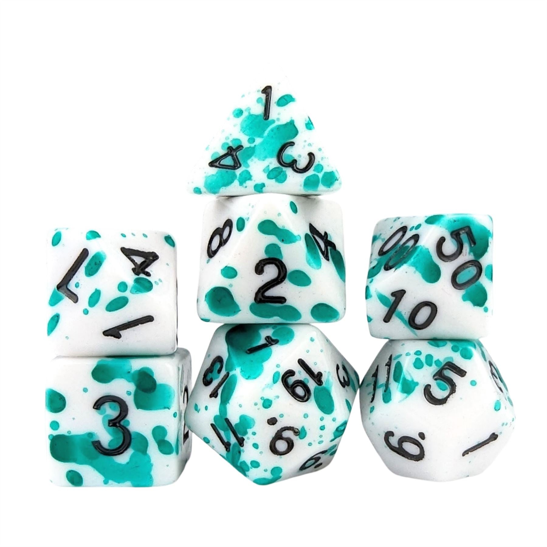 Green Blood Splatter on White Acrylic - 7pcs RPG Full Dice Set