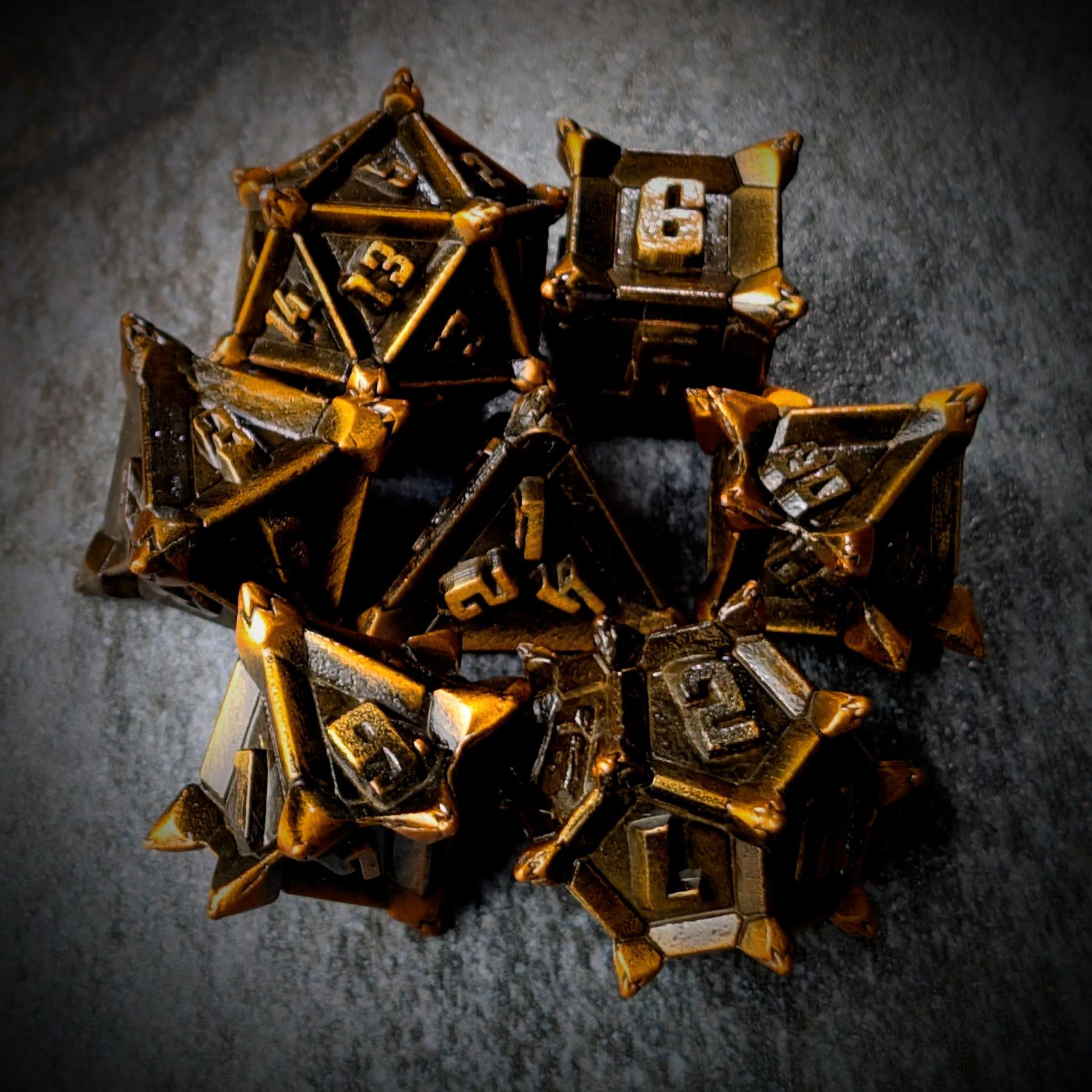 7pcs RPG Dice Set - Spiky Gold Metal