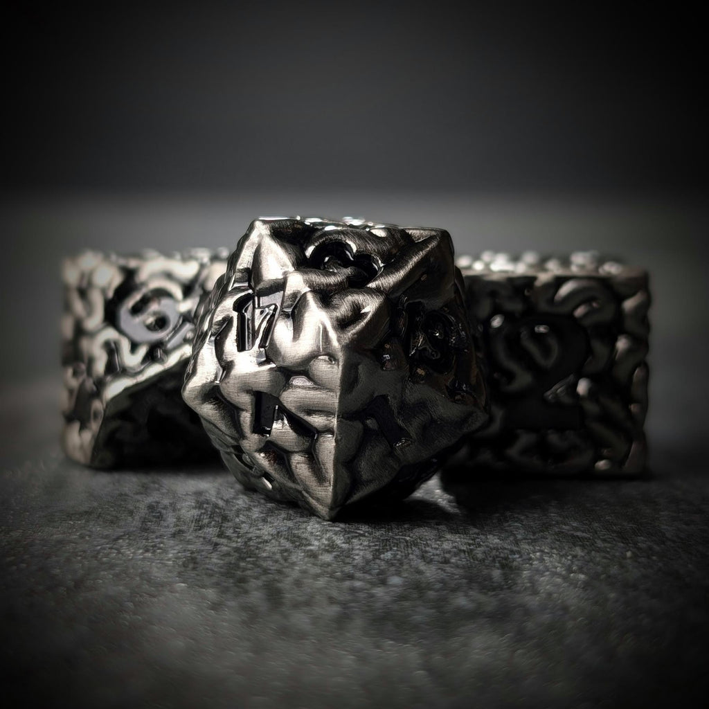 7pcs RPG Dice Set - Black Wash over Silver Metal Brains