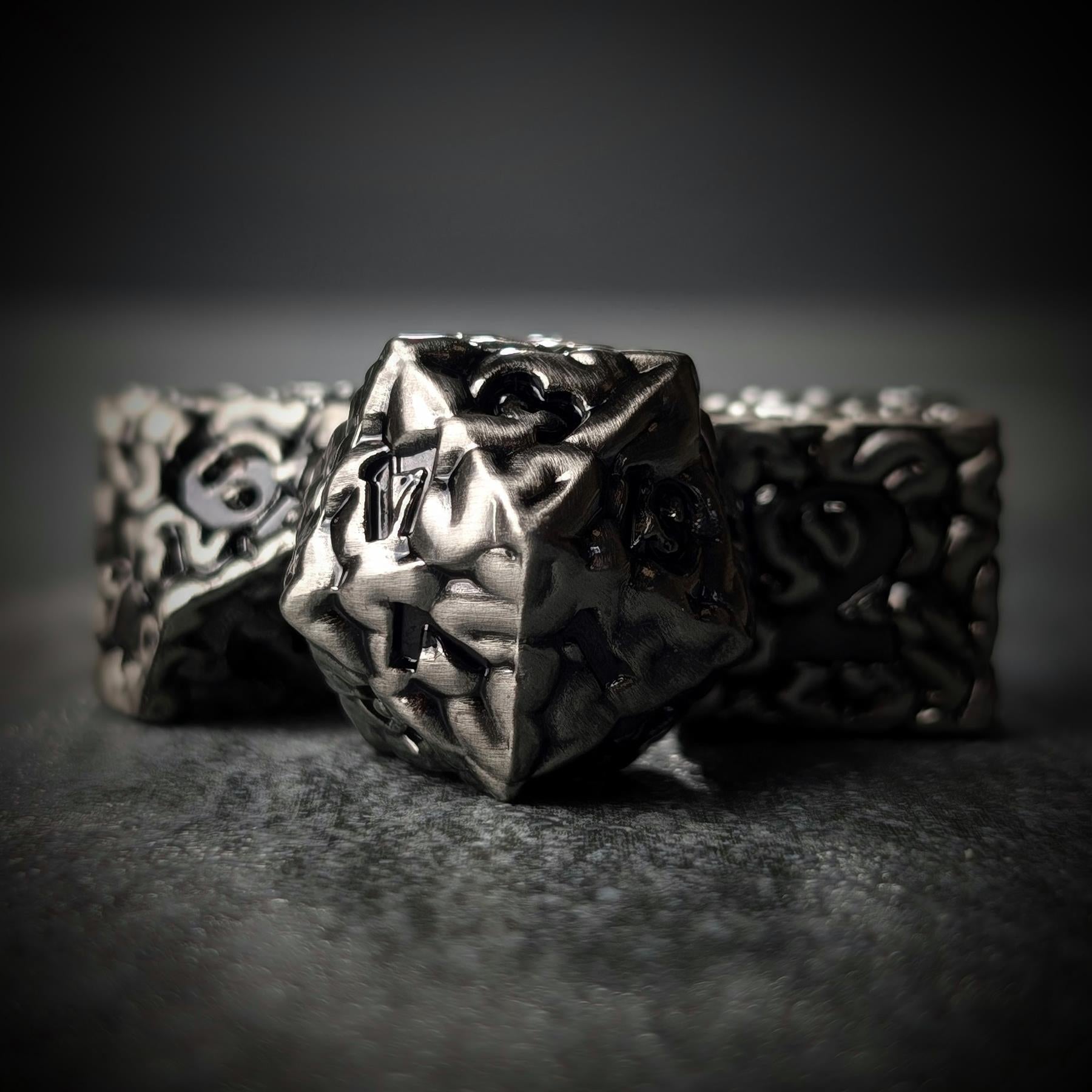 7pcs RPG Dice Set - Black Wash over Silver Metal Brains