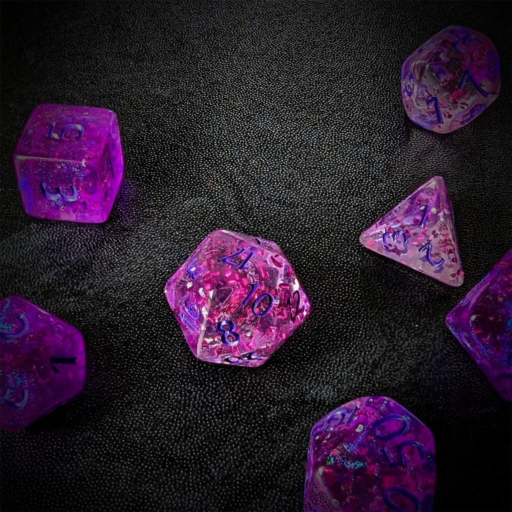 Glitter in Clear Pink Acrylic - 7pcs RPG Full Dice Set
