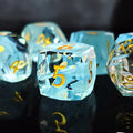7pcs Dice Gem Glass Facet Ribbon Gold Font Clear Blue