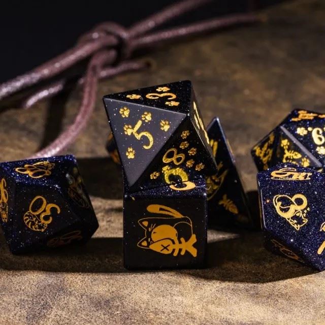 Cats on Blue Goldstone Gemstone - 7pcs RPG Dice Set