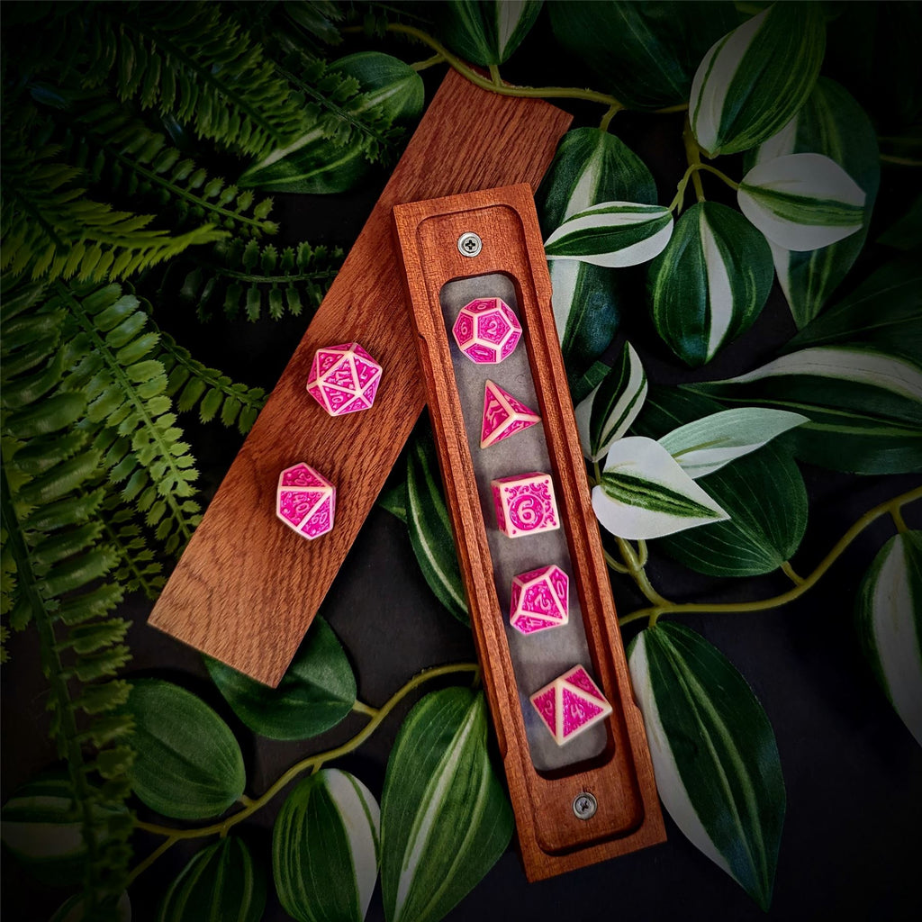 Pink Vines on White Acrylic - 7pcs RPG Full Dice Set