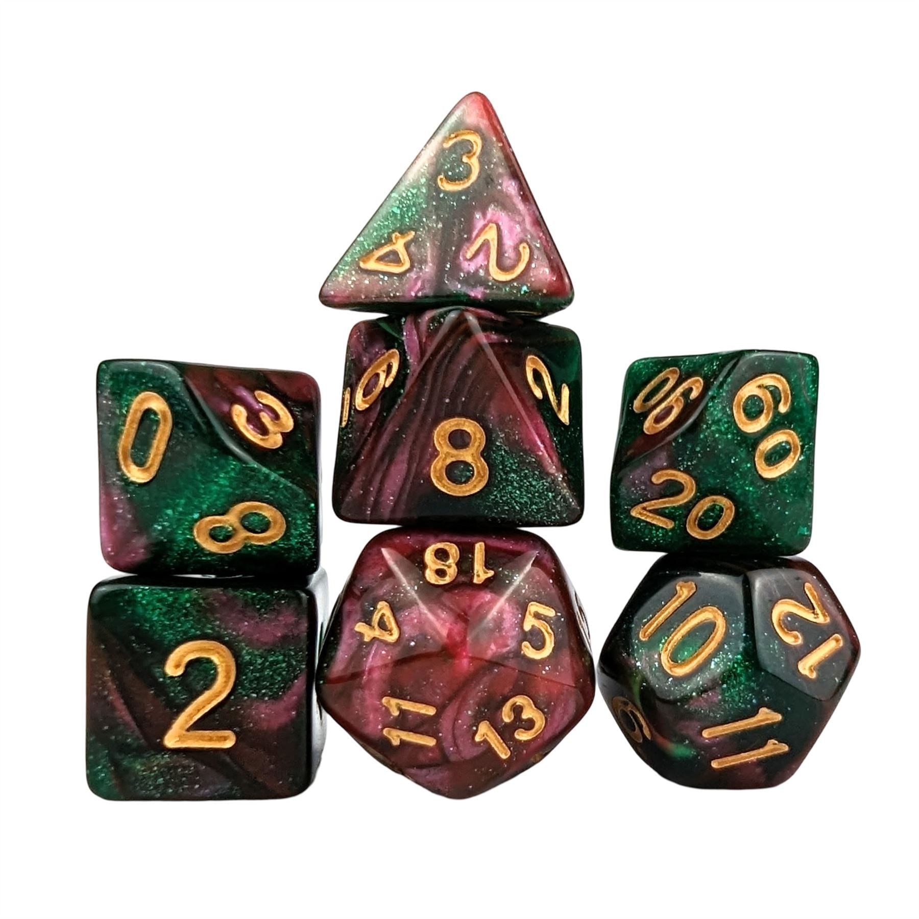 Glitter in Red & Green Acrylic - 7pcs RPG Full Dice Set