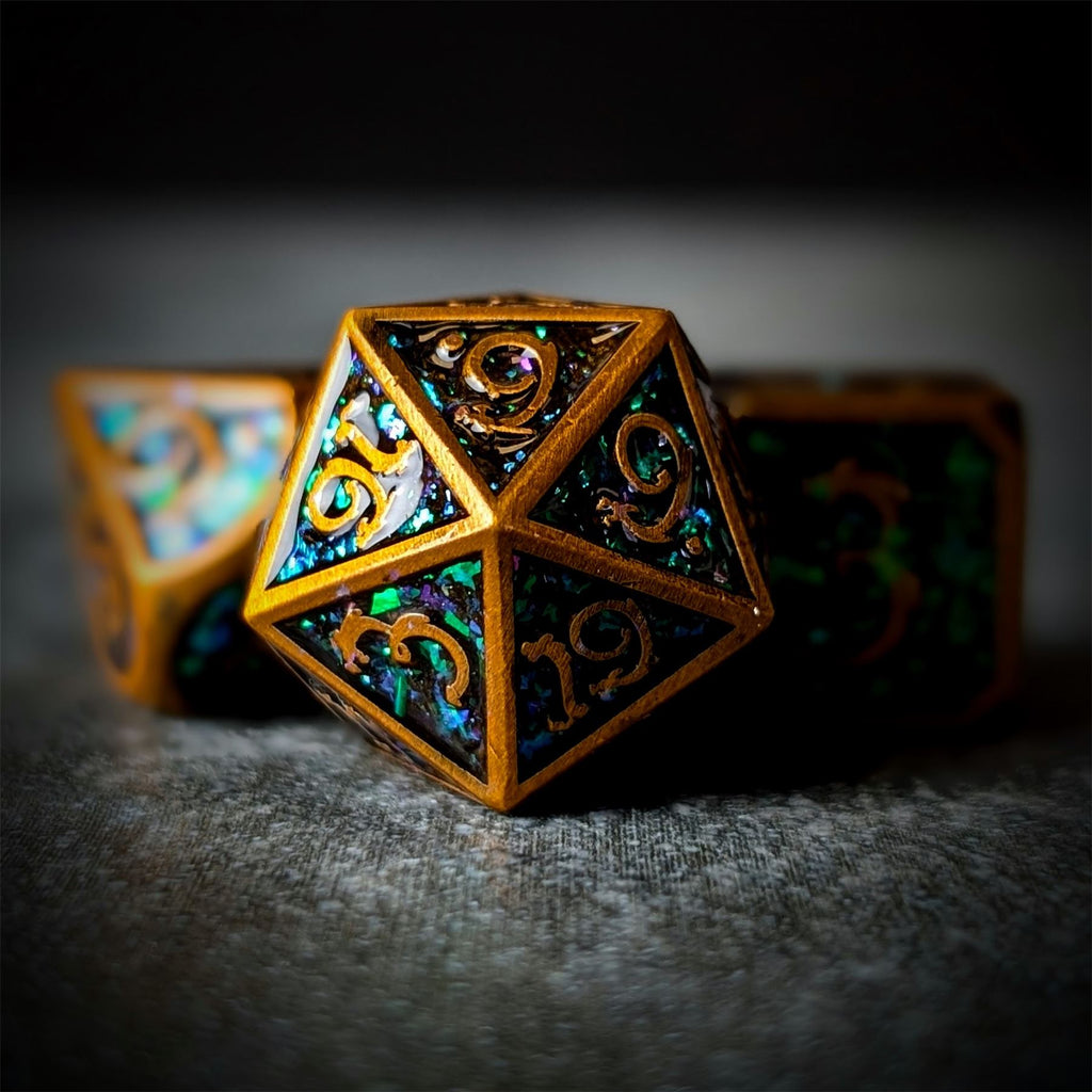 Glitter Pink Enamel in Gold Metal - 7pcs RPG Dice Set